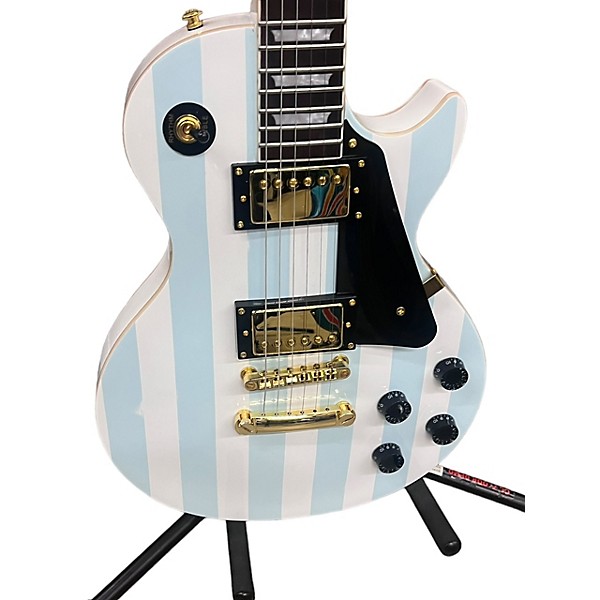 Used Used RAFFERTY LES PAUL CUSTOM COPY White W/ Blue Stripes Solid Body Electric Guitar