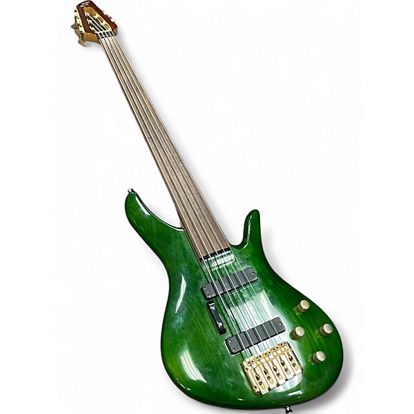 Used Samick 5 String Fretless Emerald Green Electric Bass Guitar