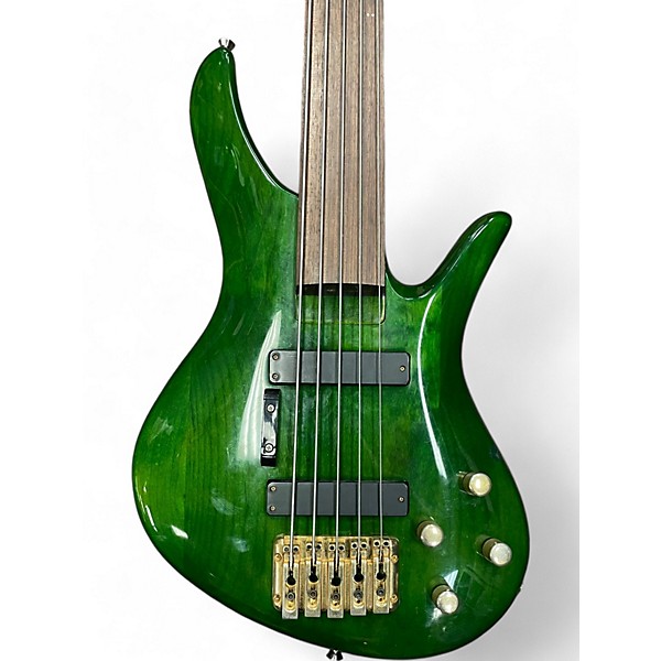 Used Samick 5 String Fretless Emerald Green Electric Bass Guitar