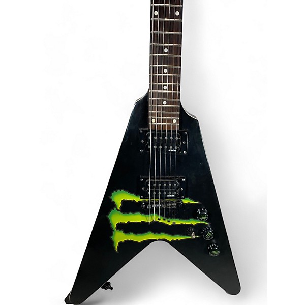 Used 2017 Schecter Guitar Research Diamond Series Monster Energy Flying V Satin Black Solid Body Electric Guitar