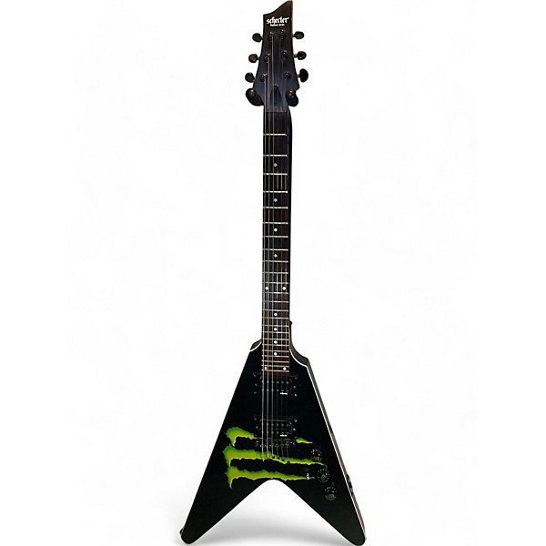 Used 2017 Schecter Guitar Research Diamond Series Monster Energy Flying V Satin Black Solid Body Electric Guitar