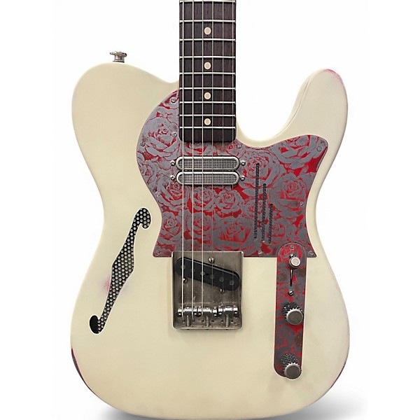 Used 2021 James Trussart Deluxe Steelcaster 50s Neck Cream Red Roses Hollow Body Electric Guitar