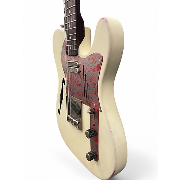 Used 2021 James Trussart Deluxe Steelcaster 50s Neck Cream Red Roses Hollow Body Electric Guitar