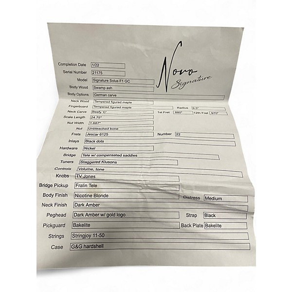 Used 2022 Novo SOLUS F1 NICOTINE BLONDE Solid Body Electric Guitar