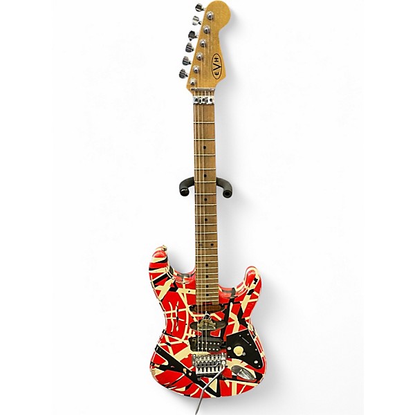 Used EVH Striped Series Frankie Red with Black and White Stripes Solid Body Electric Guitar