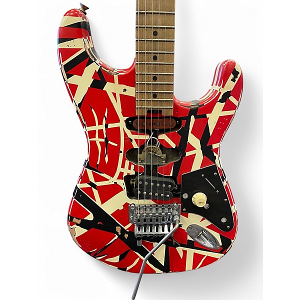 Used EVH Striped Series Frankie Red with Black and White Stripes Solid Body Electric Guitar