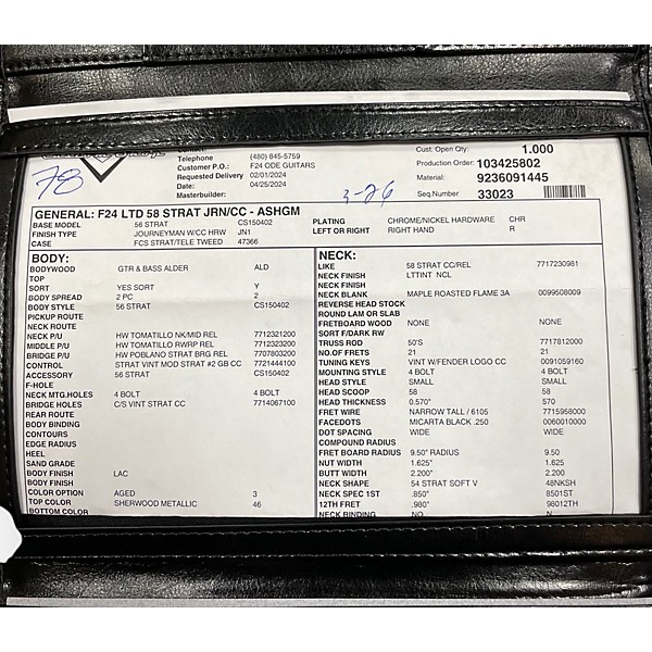 Used 2024 Fender 58' Custom shop Stratocaster journeyman Solid Body Electric Guitar