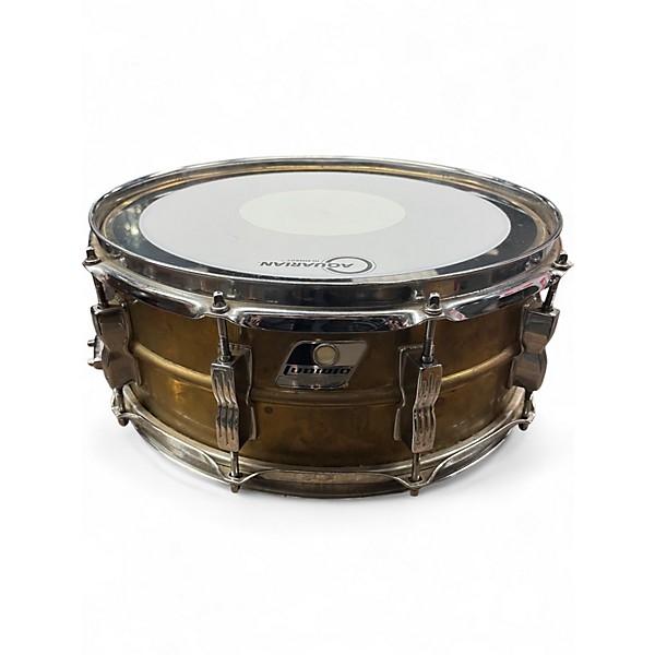 Used Ludwig 14X5.5 Raw Brass Rocker Black White Badge Snare Brass Drum
