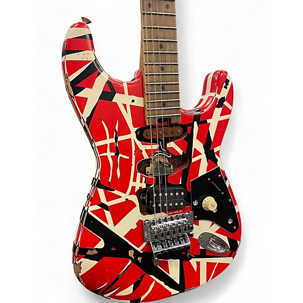 Used 2021 EVH Striped Series Frankie Red with Black and White Stripes Relic Solid Body Electric Guitar