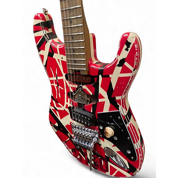 Used EVH Striped Series Frankie Red with Black and White Stripes Solid Body Electric Guitar