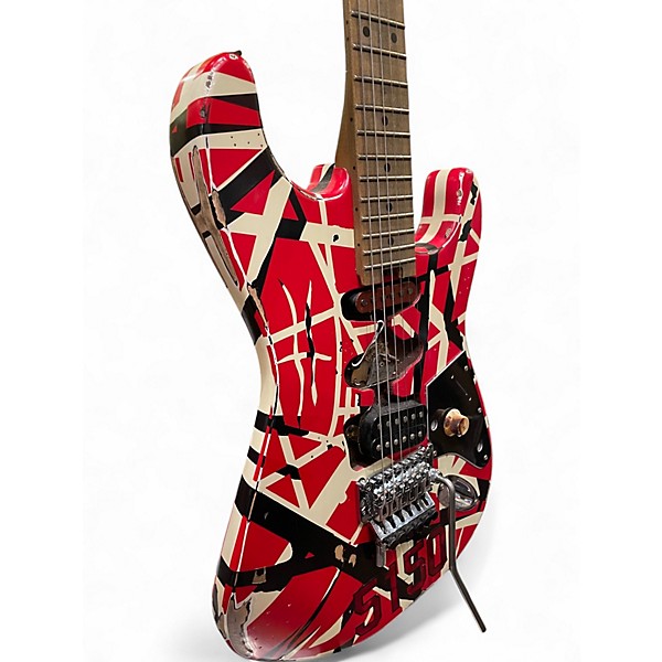 Used EVH Striped Series Frankie Red with Black and White Stripes Solid Body Electric Guitar