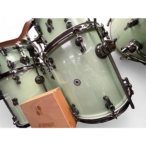 Used SONOR 7 Piece S2Q Medium Maple Kit Mint Green Sparkle Drum Kit