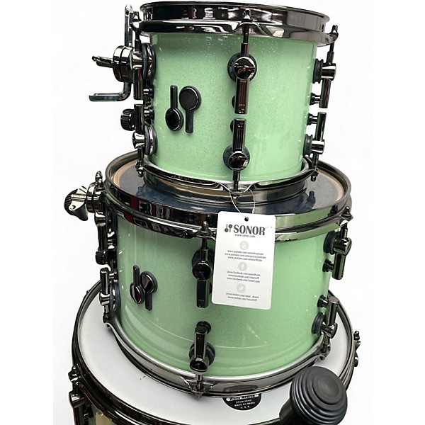 Used SONOR 7 Piece S2Q Medium Maple Kit Mint Green Sparkle Drum Kit