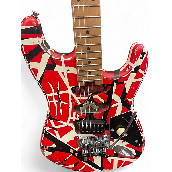 Used EVH Striped Series Frankie Red with Black and White Stripes Solid Body Electric Guitar