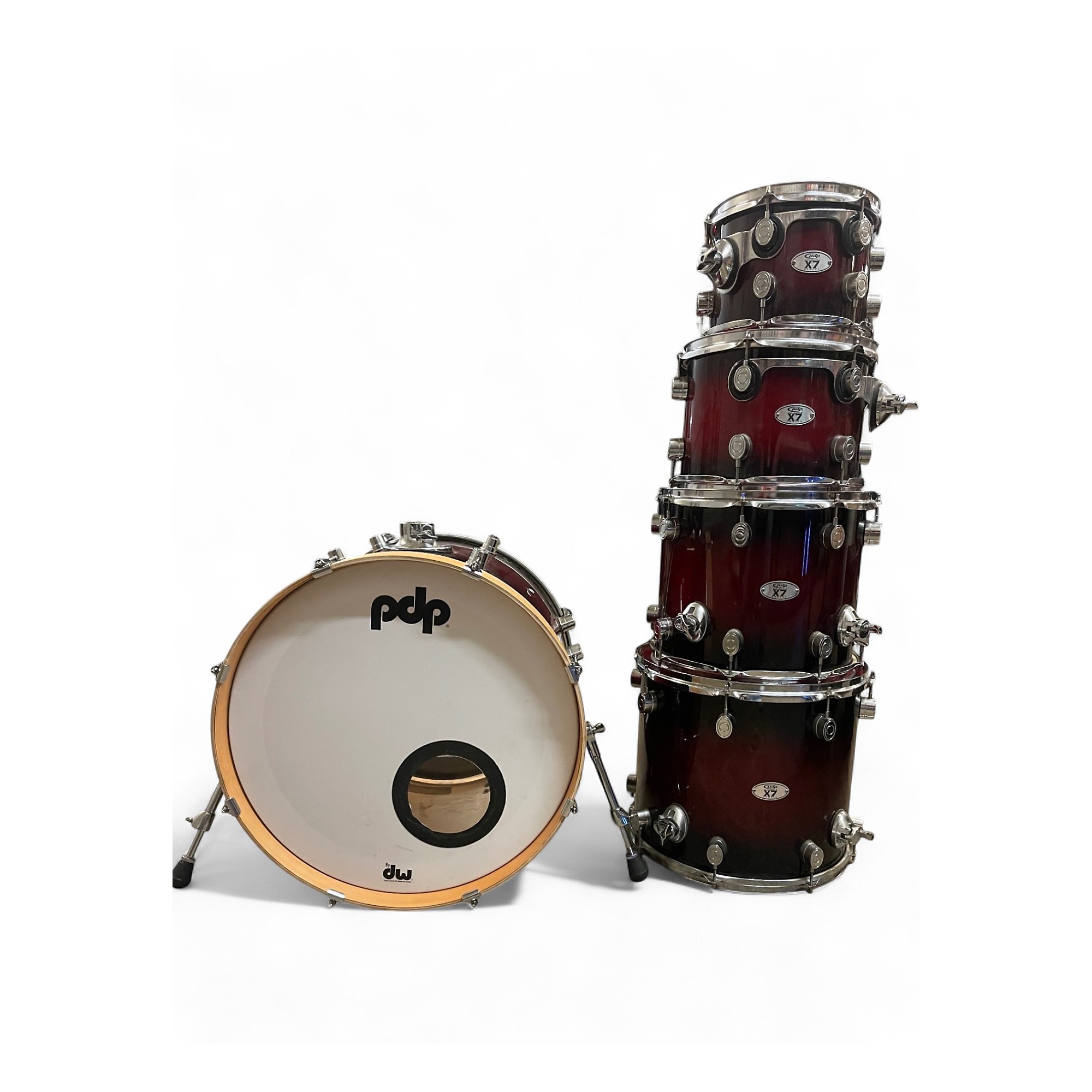 Used PDP by DW 5 Piece X7 5 Piece Kit Red to Black Fade Drum Kit