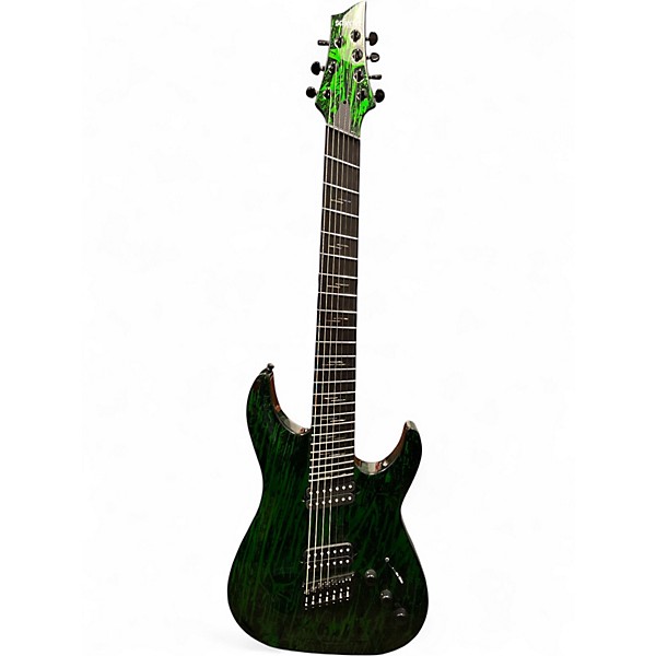 Used Schecter Guitar Research silver mountain c7 ms Black and Green Solid Body Electric Guitar