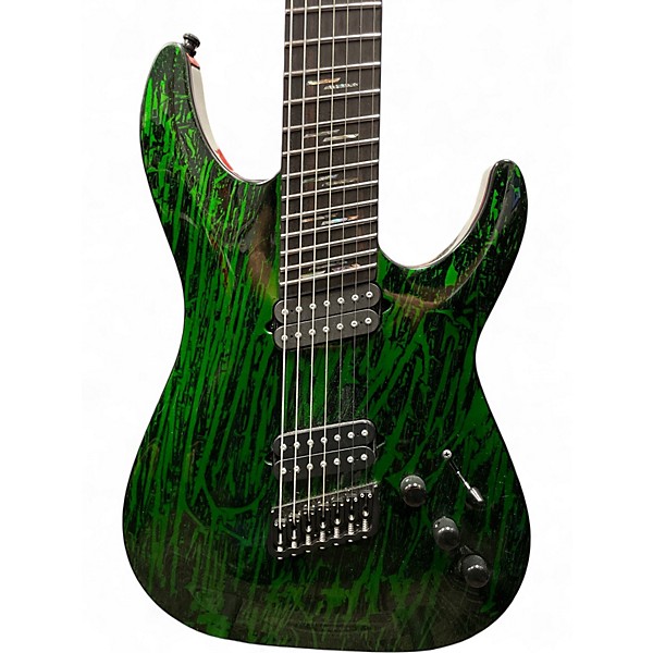 Used Schecter Guitar Research silver mountain c7 ms Black and Green Solid Body Electric Guitar