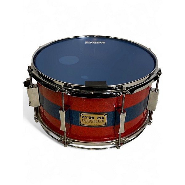Used Pork Pie USA 13in custom maple snare drum orange sparkle with blue middle stripe  Drum