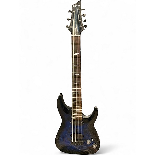 Used Schecter Guitar Research Omen Elite-7 See-Thru Blue Burst Solid Body Electric Guitar