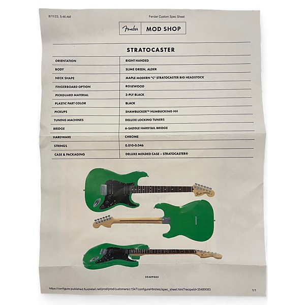 Used Fender Mod Shop Stratocaster SLIME GREEN Solid Body Electric Guitar