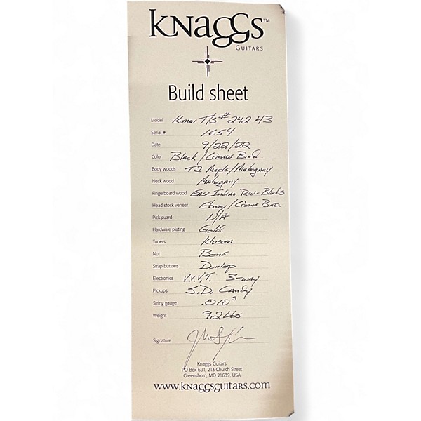 Used 2022 Knaggs Eric Steckel Kenai T/S H3 Black/Creme Bind. Solid Body Electric Guitar