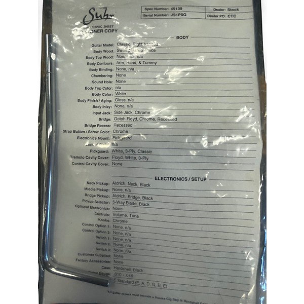 Used Suhr Classic S HH Custom Alpine White Solid Body Electric Guitar