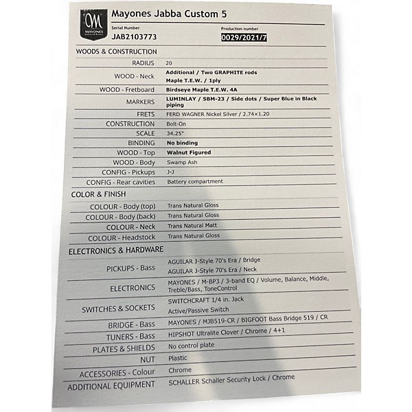 Used 2021 Mayones Jabba Custom 5 Natural Electric Bass Guitar