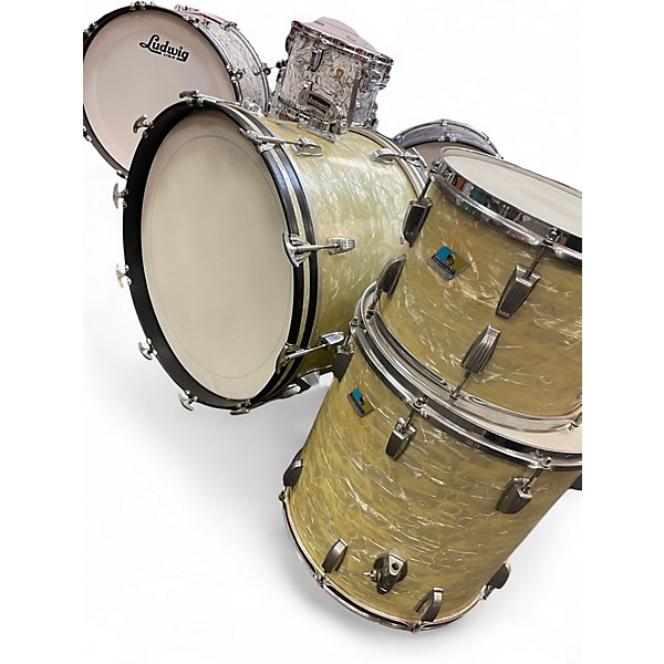 Vintage 1970s Ludwig 3 Piece Olive Badge White Marine Pearl Drum Kit