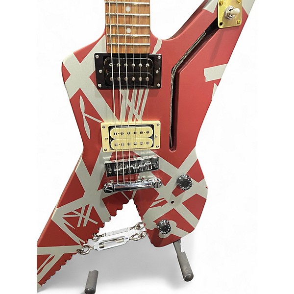 Used EVH Striped Series Shark Burgundy Red and Silver Solid Body Electric Guitar