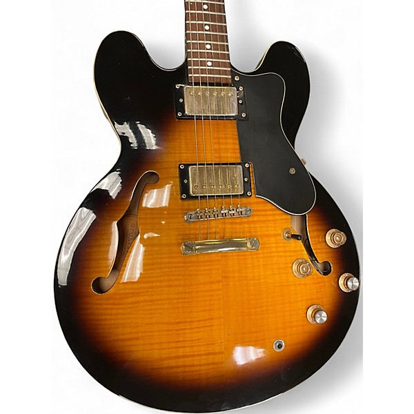 Used 2006 Epiphone Dot Deluxe Flametop Vintage Sunburst Hollow Body Electric Guitar