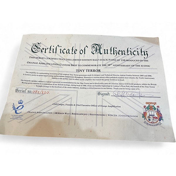 Used Orange Amplifiers Tiny Terror 10th Anniversary Custom Shop Tube Guitar Amp Head