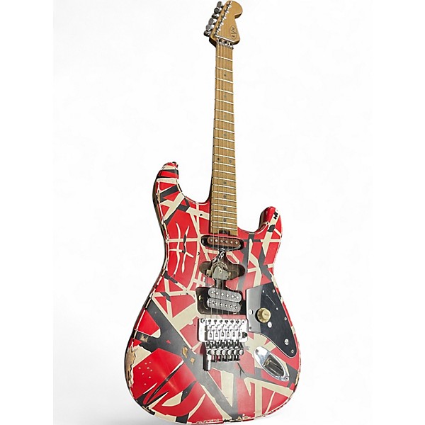 Used EVH FRANKIE STRIPED SERIES RELIC Red with Black and White Stripes Solid Body Electric Guitar