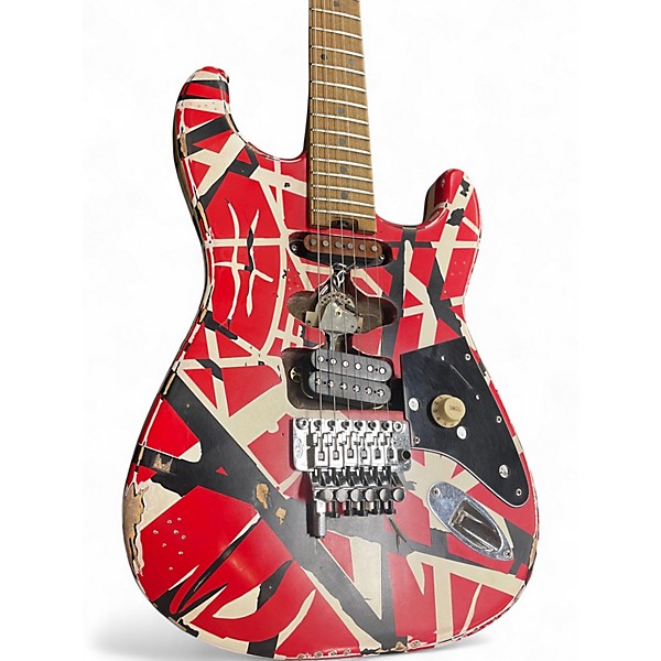 Used EVH FRANKIE STRIPED SERIES RELIC Red with Black and White Stripes Solid Body Electric Guitar