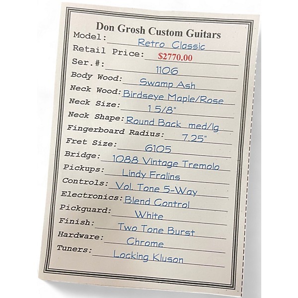 Used Grosh Retro Classic SUNBURST Solid Body Electric Guitar