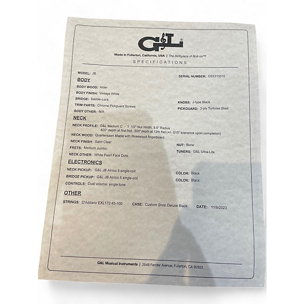 Used G&L JB Custom Shop Vintage White Electric Bass Guitar