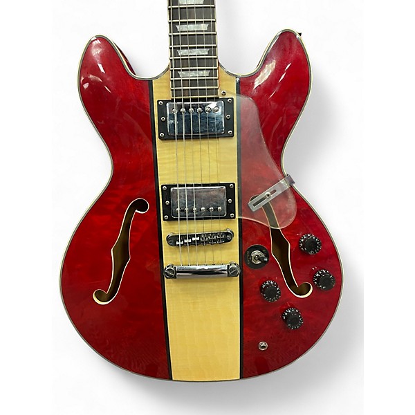 Used Firefly FF338 Cherry Racing Stripe Hollow Body Electric Guitar