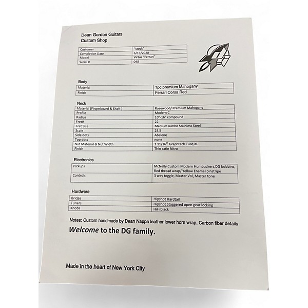 Used 2020 Dean Gordon Guitars Virtus, "Ferrari" Ferrari Corsa Red Solid Body Electric Guitar