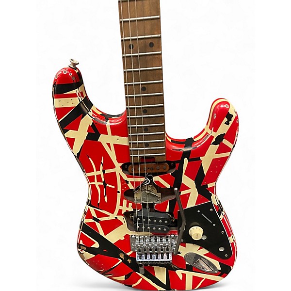 Used EVH Striped Series Frankie Red with Black and White Stripes Relic Solid Body Electric Guitar