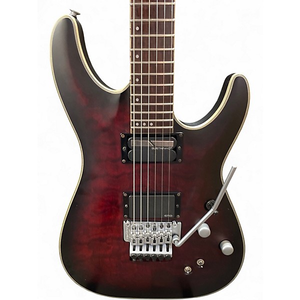 Used Schecter Guitar Research C1 Platinum FR Sustainiac Satin Crimson Red Burst Solid Body Electric Guitar