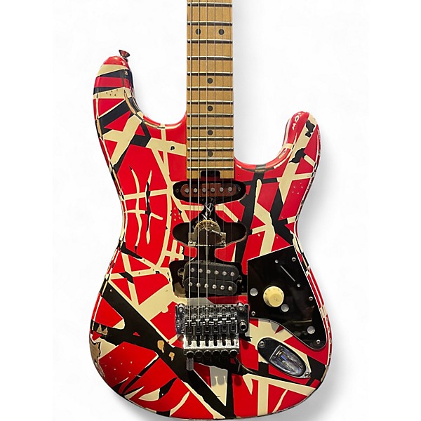 Used EVH Striped Series Frankie Relic Red with Black and White Stripes Solid Body Electric Guitar