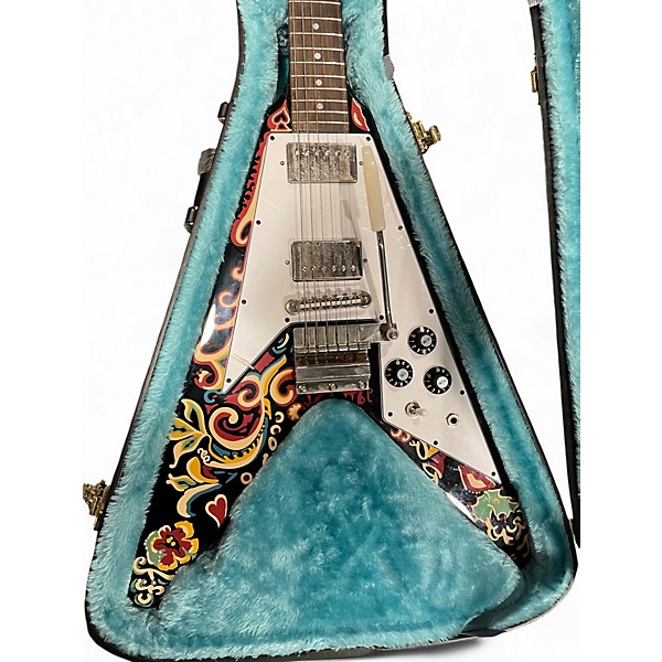 Used Epiphone Jimi Hendrix "Love Drops" Flying V Electric Guitar Ebony w/A Ebony w/ Artwork Solid Body Electric Guitar