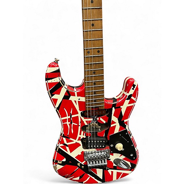 Used EVH Striped Series Frankie Red with Black and White Stripes Solid Body Electric Guitar