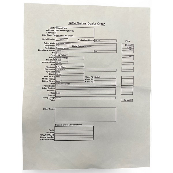 Used Michael Tuttle Custom Classic T Roasted Two Tone Burst Solid Body Electric Guitar