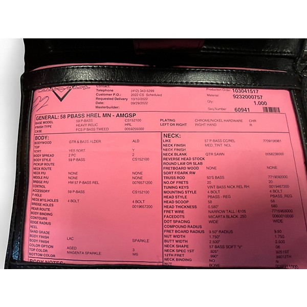 Used Fender CUSTOM SHOP 58 P BASS HEAVY RELIC MAGENTA SPARKLE Electric Bass Guitar