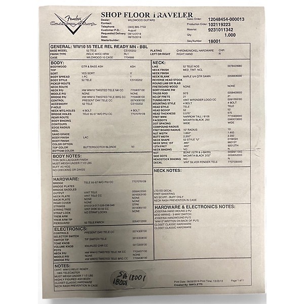 Used 2019 Fender  CUSTOM SHOP TELECASTER Natural Solid Body Electric Guitar