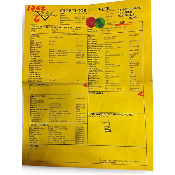 Used Fender CUSTOM SHOP 1962 REISSUE RELIC HSS Metallic Orange Solid Body Electric Guitar