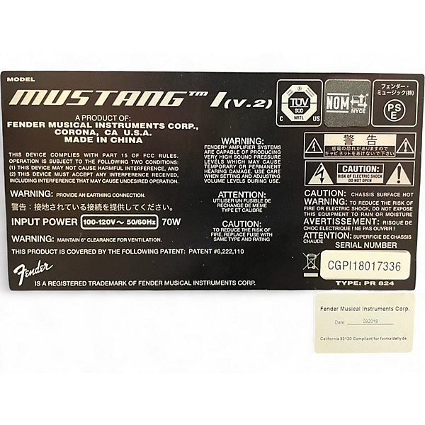 Used Fender Mustang I V2 20W 1X8 Guitar Combo Amp