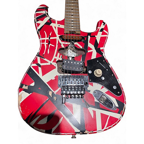 Used EVH Striped Series Frankie Red with Black and White Stripes Solid Body Electric Guitar