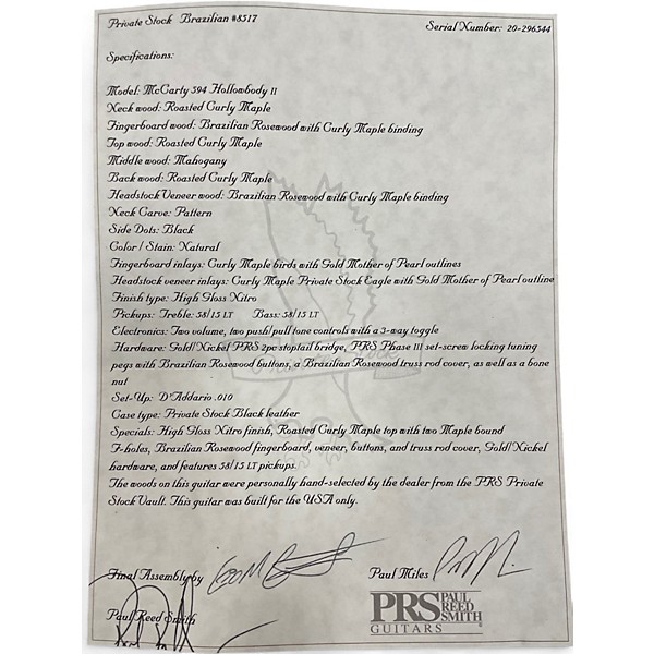 Used PRS Private Stock Brazilian #8517 Natural Hollow Body Electric Guitar