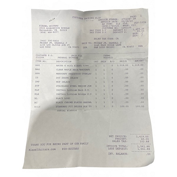 Used Kiesel Aries 6 Maple Solid Body Electric Guitar